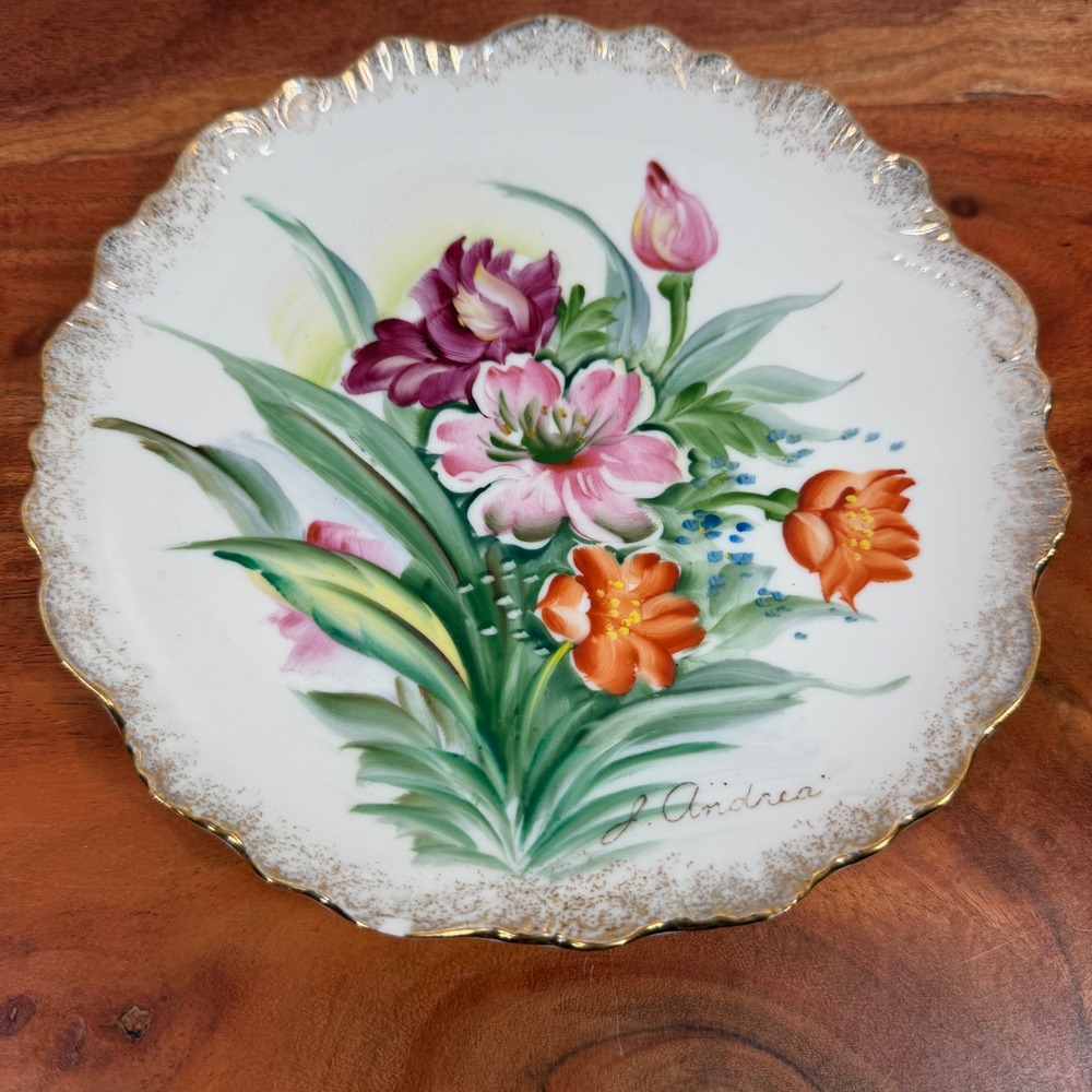 J Andrea Hand Painted Floral Porcelain Plate Gold Scalloped Rim G 1020